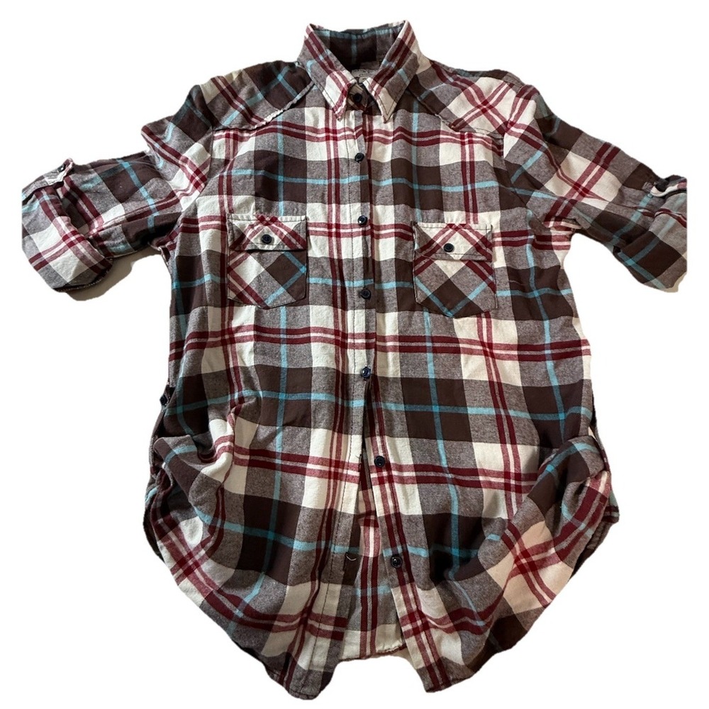 Matchstick Women's Flannel Plaid Shirt XL Long Sleeve Button-Up Pockets Brown